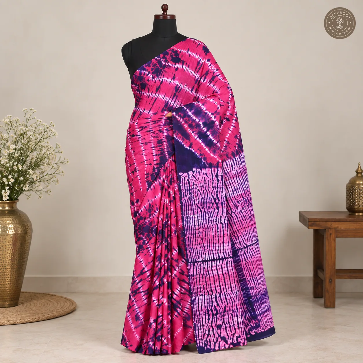 Rani Leher Pink Hand Block Printed Mal Cotton Saree with Tie-Dye Design