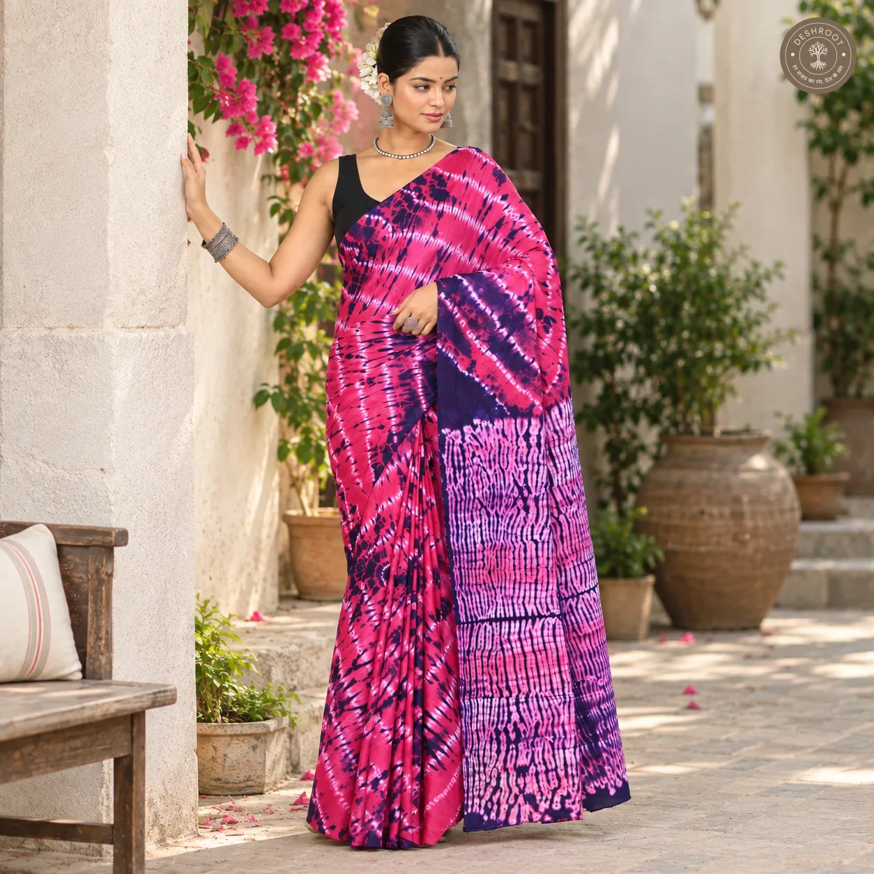 Rani Leher Pink Hand Block Printed Mal Cotton Saree with Tie-Dye Design