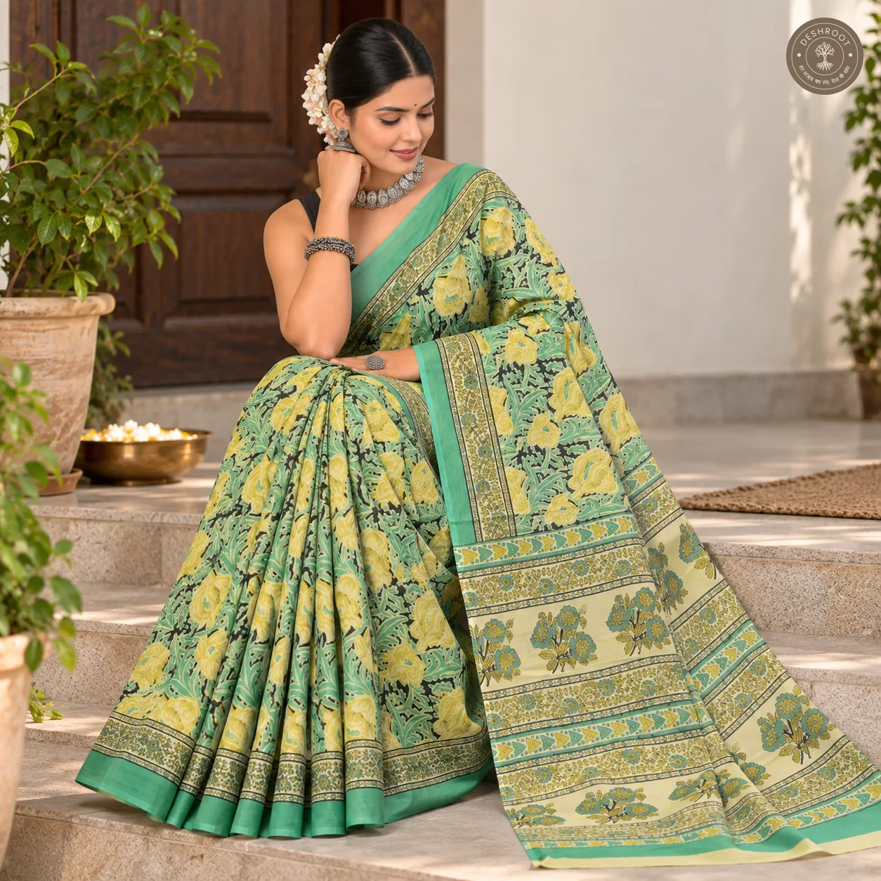 Meher Mint Floral Hand Block Printed Mal Cotton Saree