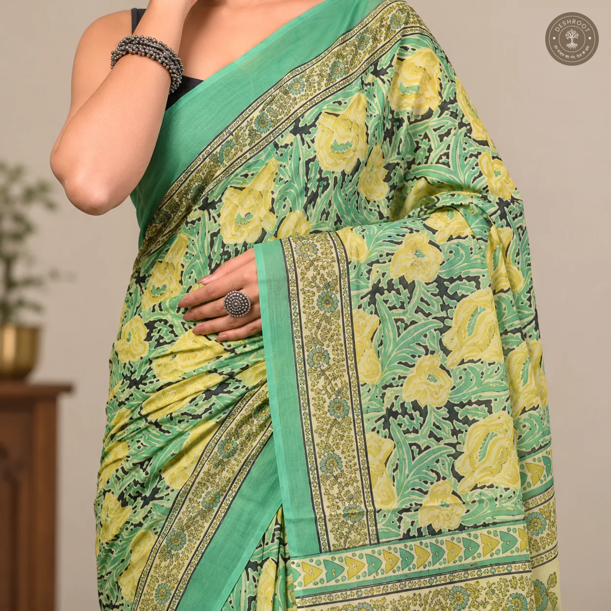 Meher Mint Floral Hand Block Printed Mal Cotton Saree