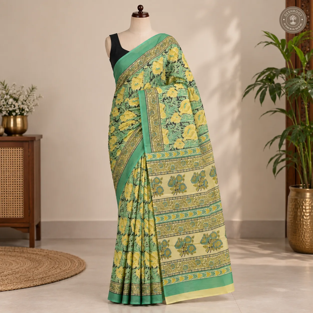 Meher Mint Floral Hand Block Printed Mal Cotton Saree