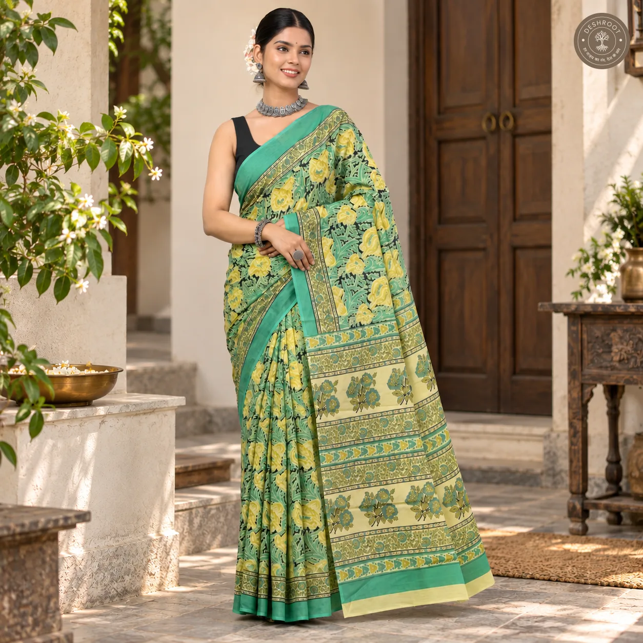 Meher Mint Floral Hand Block Printed Mal Cotton Saree
