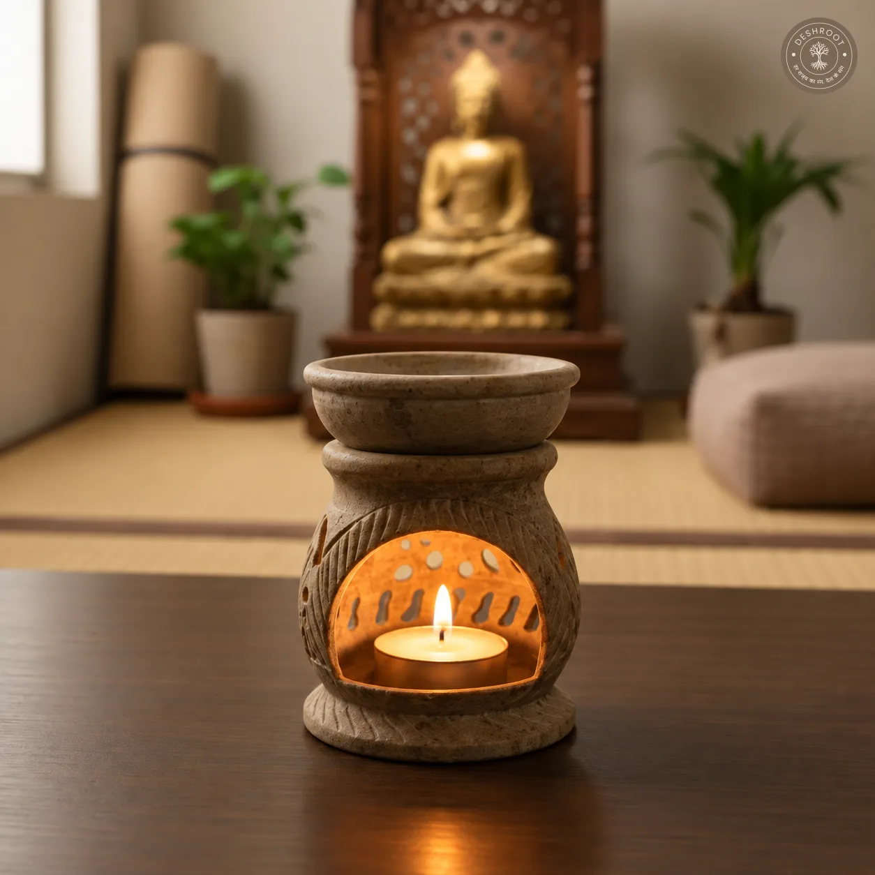 Handcrafted Soapstone Essential Oil Burner & Tealight Aroma Diffuser - HandCarved Agra Stone Aroma Lamp