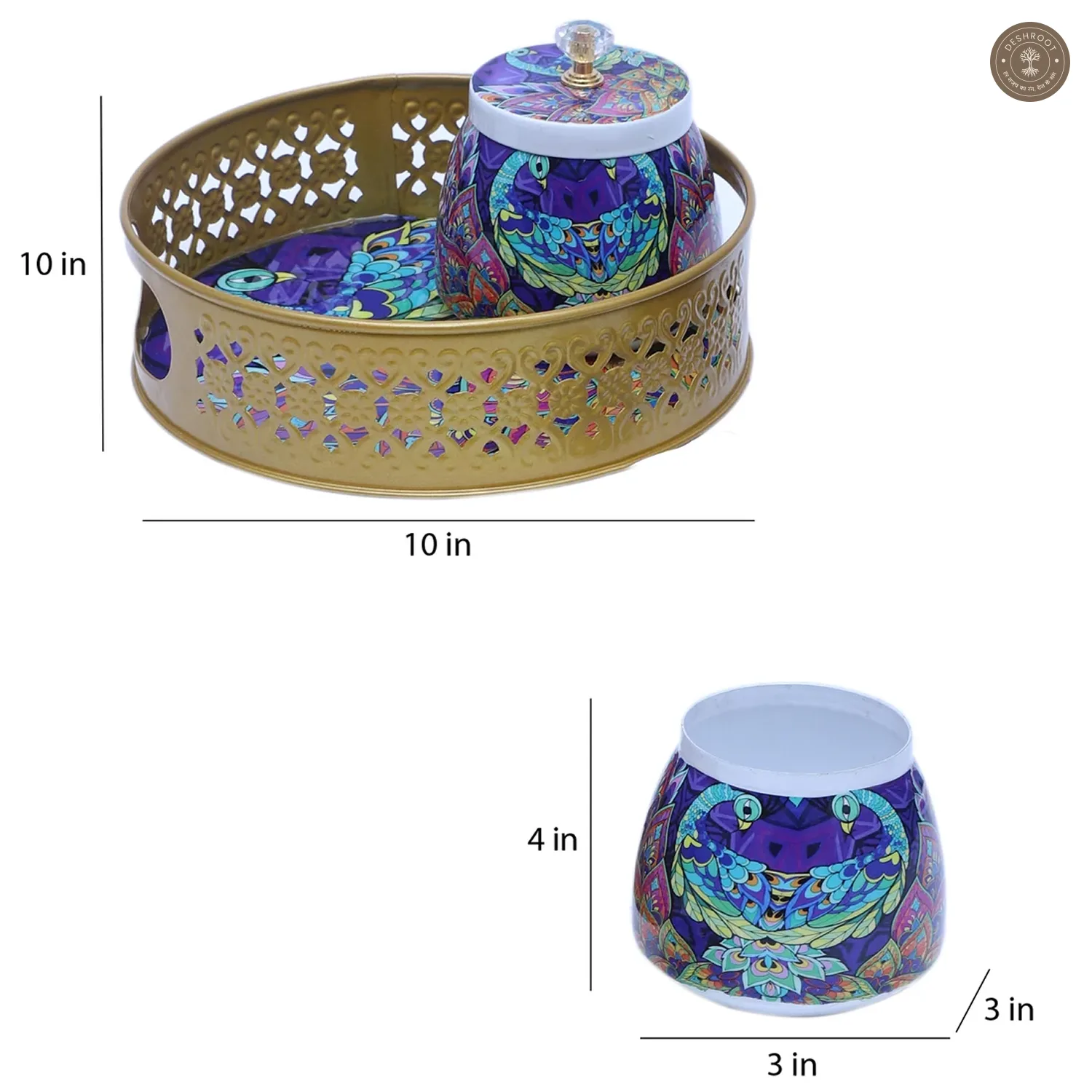 Green & Purple Peacock Round Basket With Jar Set of 3