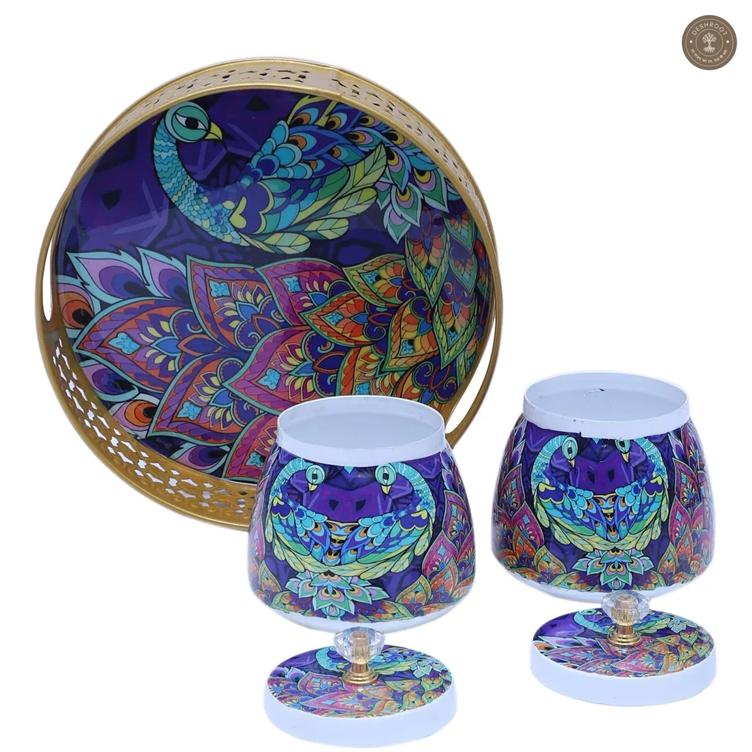 Green & Purple Peacock Round Basket With Jar Set of 3