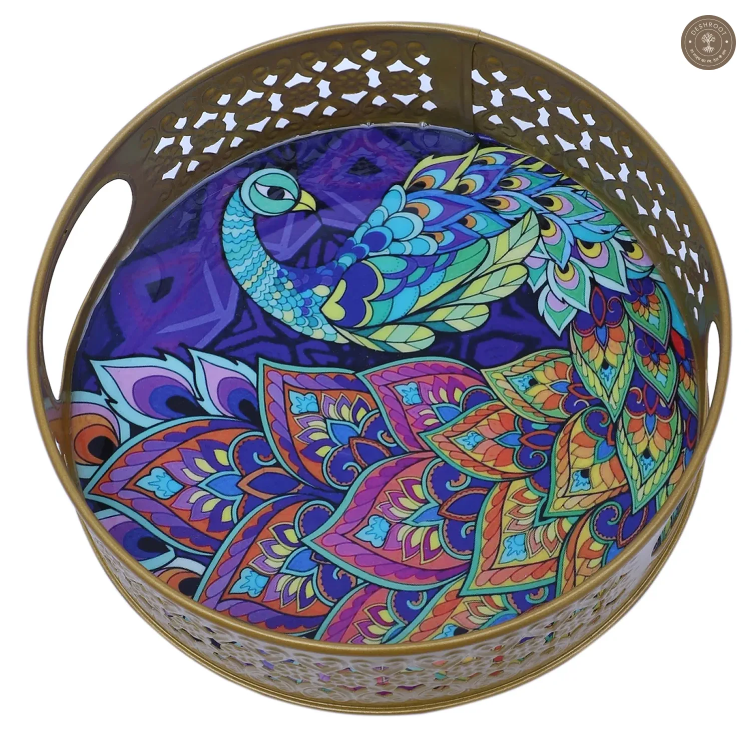 Green & Purple Peacock Round Basket With Jar Set of 3