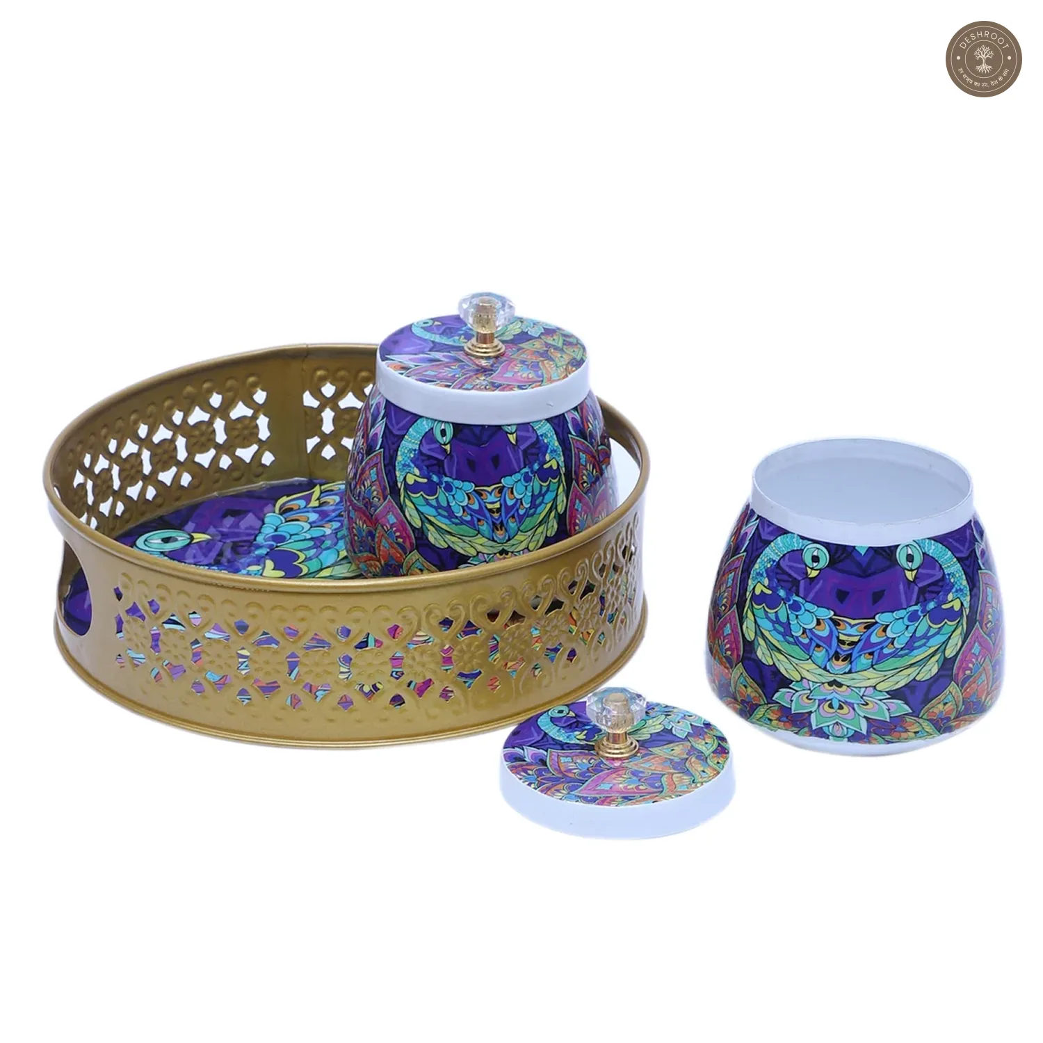 Green & Purple Peacock Round Basket With Jar Set of 3