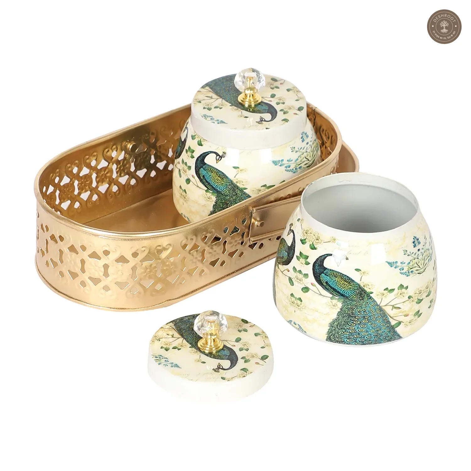 Green Peacock Print Jars Basket Set of 2