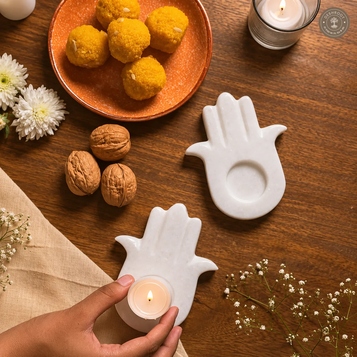 Handcrafted Agra White Marble Hamsa Hand Tealight Holder - Elegant Natural Marble Candle & Diya Holder for Pooja, Meditation, Home Décor & Gifting