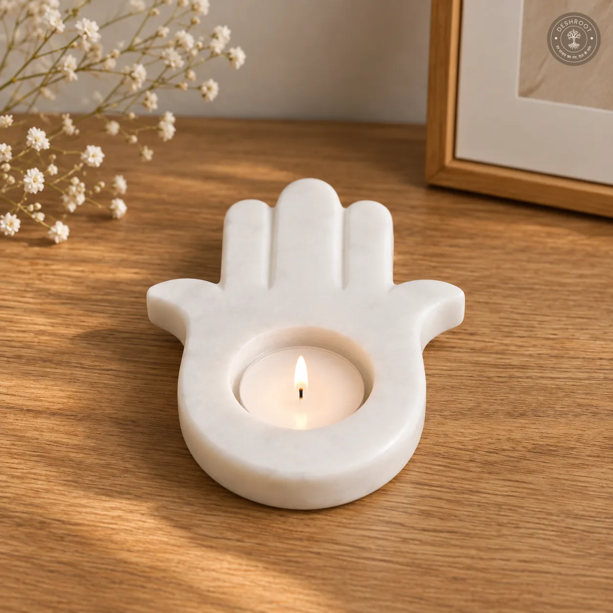 Handcrafted Agra White Marble Hamsa Hand Tealight Holder - Elegant Natural Marble Candle & Diya Holder for Pooja, Meditation, Home Décor & Gifting