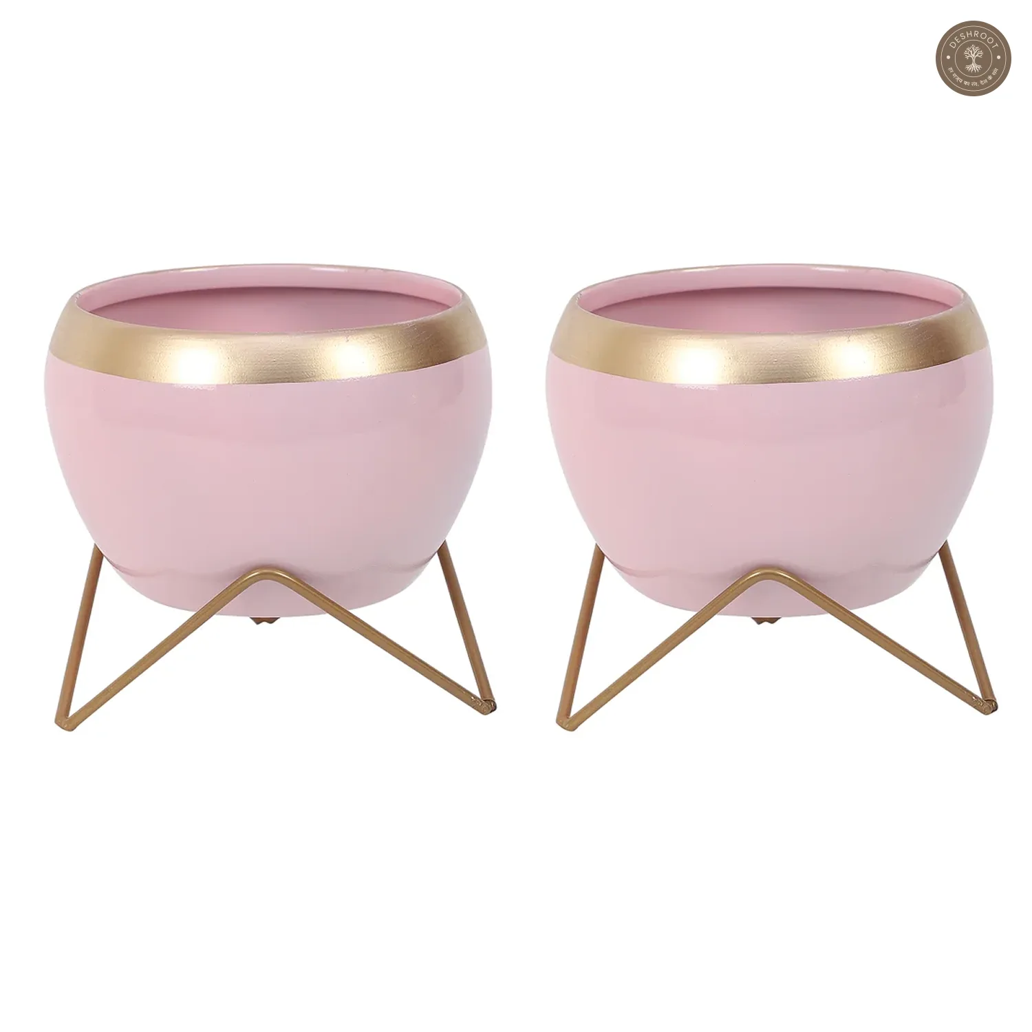 Apple Shape Metal Pink & Gold Planter Set of 2