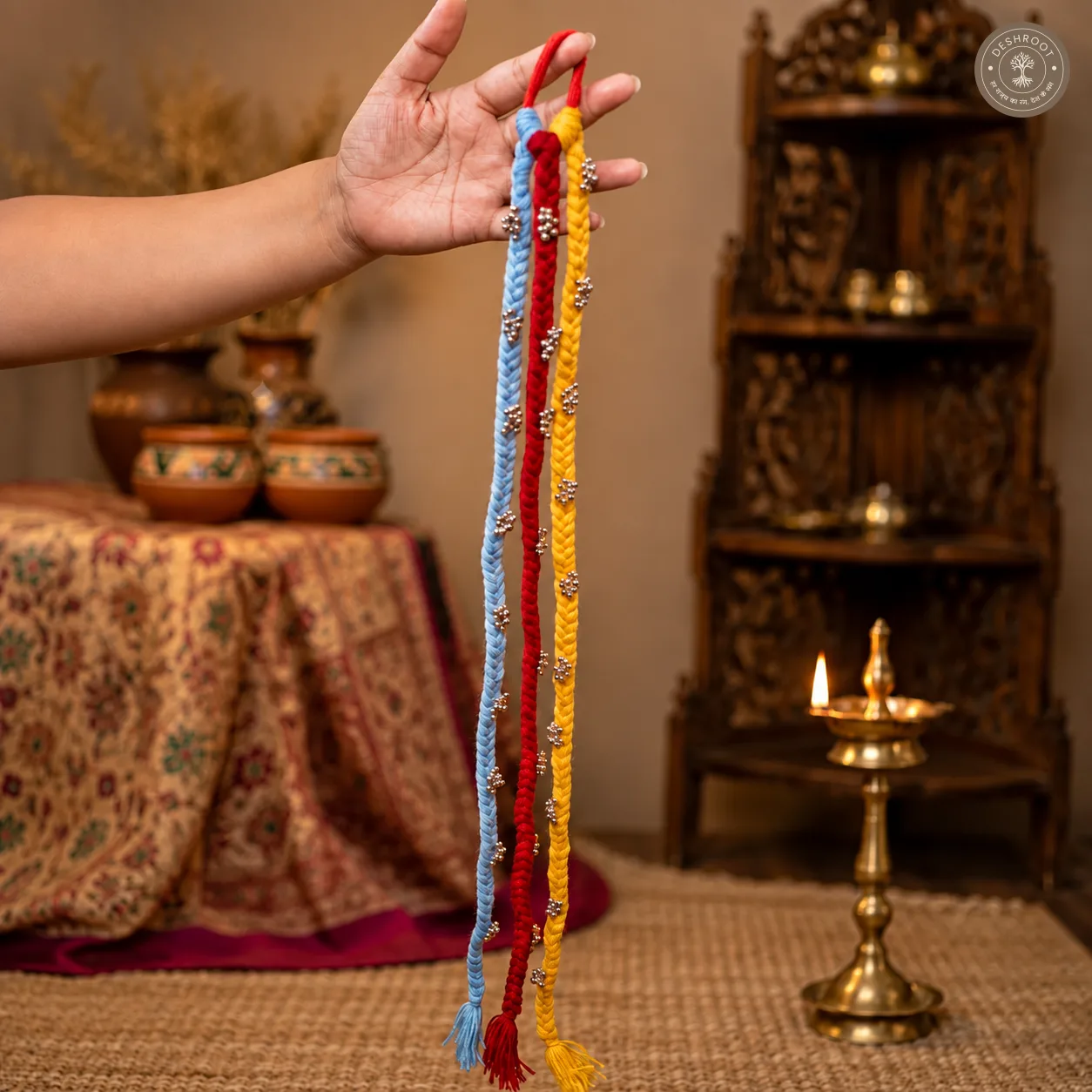 Multicolor Garba Style Braided Parandi with Decorative Tassels – Traditional Indian Hair Accessory with Red, Yellow & Blue Braids for Navratri, Garba, Dandiya & Festive Wear