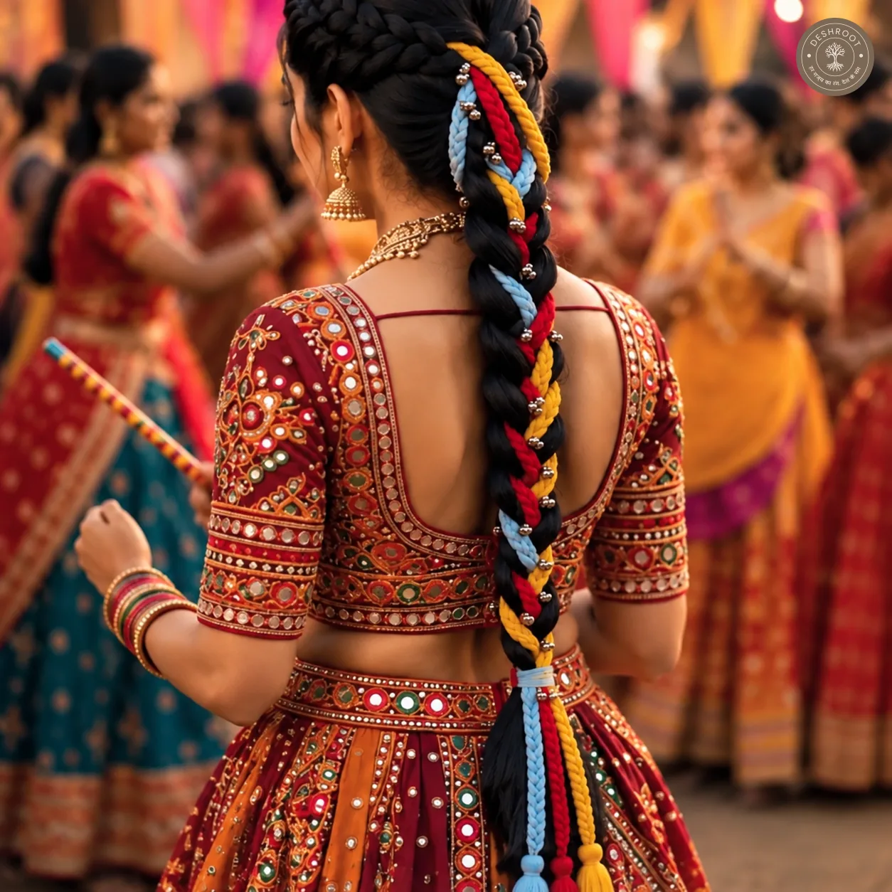 Multicolor Garba Style Braided Parandi with Decorative Tassels – Traditional Indian Hair Accessory with Red, Yellow & Blue Braids for Navratri, Garba, Dandiya & Festive Wear