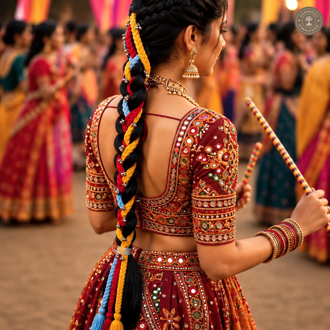 Multicolor Garba Style Braided Parandi with Decorative Tassels – Traditional Indian Hair Accessory with Red, Yellow & Blue Braids for Navratri, Garba, Dandiya & Festive Wear