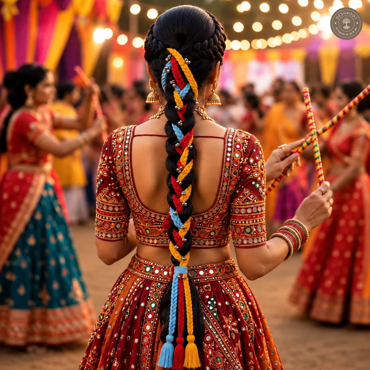 Multicolor Garba Style Braided Parandi with Decorative Tassels – Traditional Indian Hair Accessory with Red, Yellow & Blue Braids for Navratri, Garba, Dandiya & Festive Wear