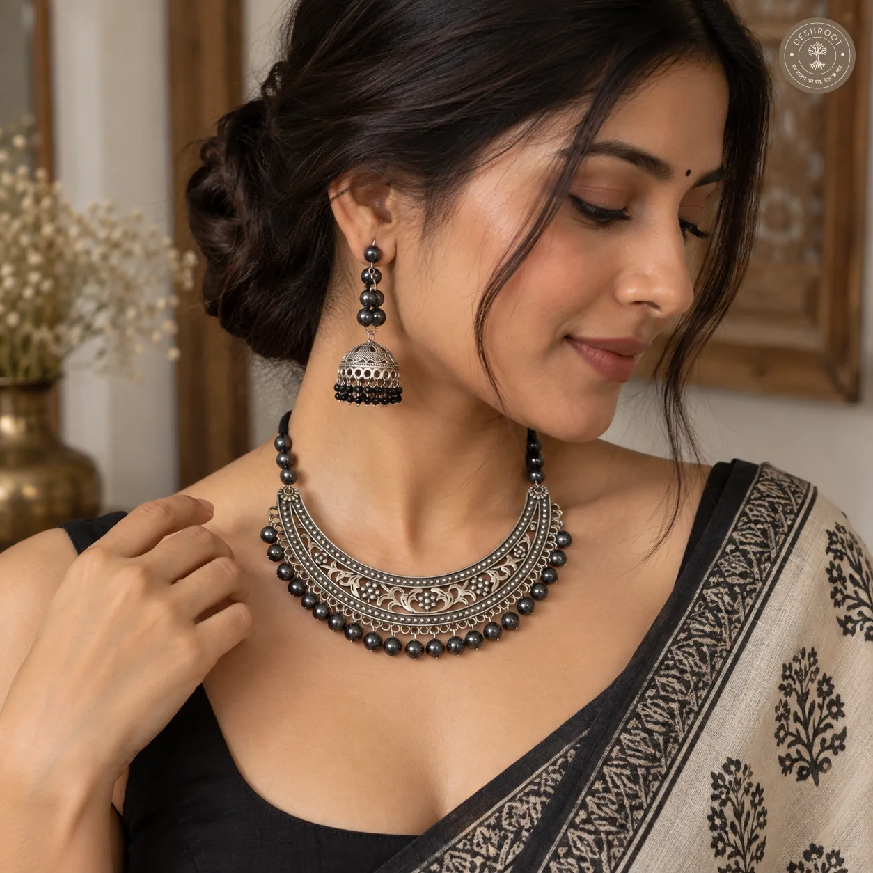 Oxidised Boho Necklace Set – Handcrafted Tribal Crescent Choker with Matching Jhumka Earrings, Dark Bead Detailing & Adjustable Dori for Women