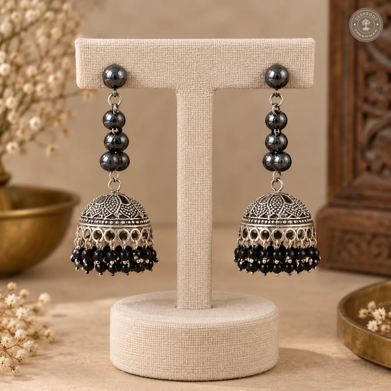 Oxidised Boho Necklace Set – Handcrafted Tribal Crescent Choker with Matching Jhumka Earrings, Dark Bead Detailing & Adjustable Dori for Women
