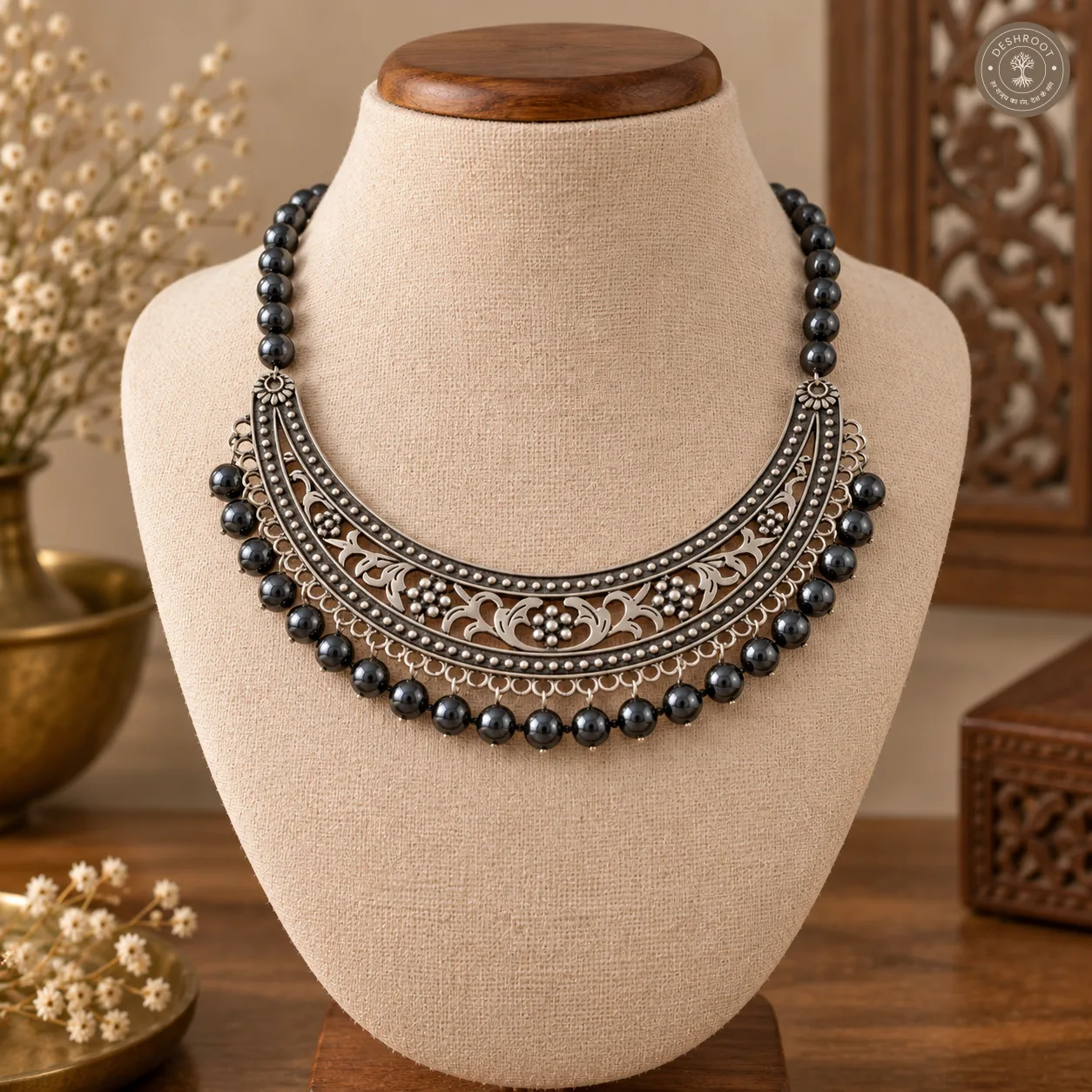 Oxidised Boho Necklace Set – Handcrafted Tribal Crescent Choker with Matching Jhumka Earrings, Dark Bead Detailing & Adjustable Dori for Women