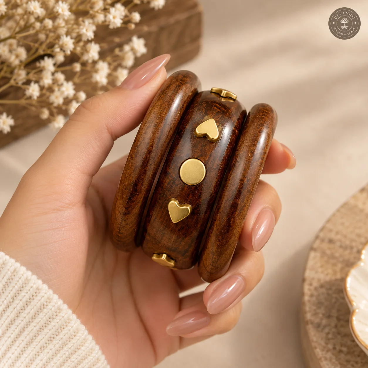 Handcrafted Wooden Bangle Set for Women – Set of 3 Premium Polished Wood Bangles with Gold-Tone Heart & Circular Embellishments for Ethnic, Western & Fusion Wear