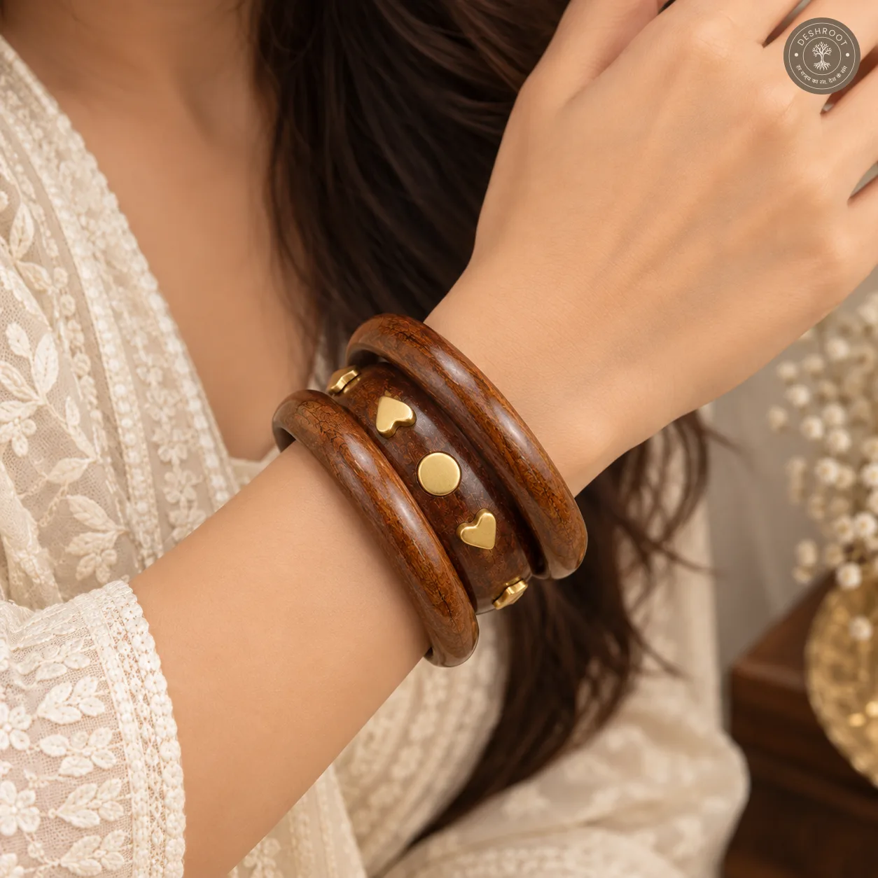 Handcrafted Wooden Bangle Set for Women – Set of 3 Premium Polished Wood Bangles with Gold-Tone Heart & Circular Embellishments for Ethnic, Western & Fusion Wear