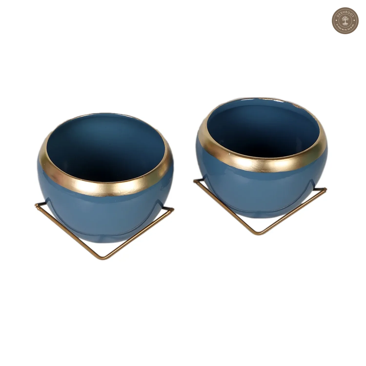 Apple Shape Metal Blue & Gold Planter Set of 2