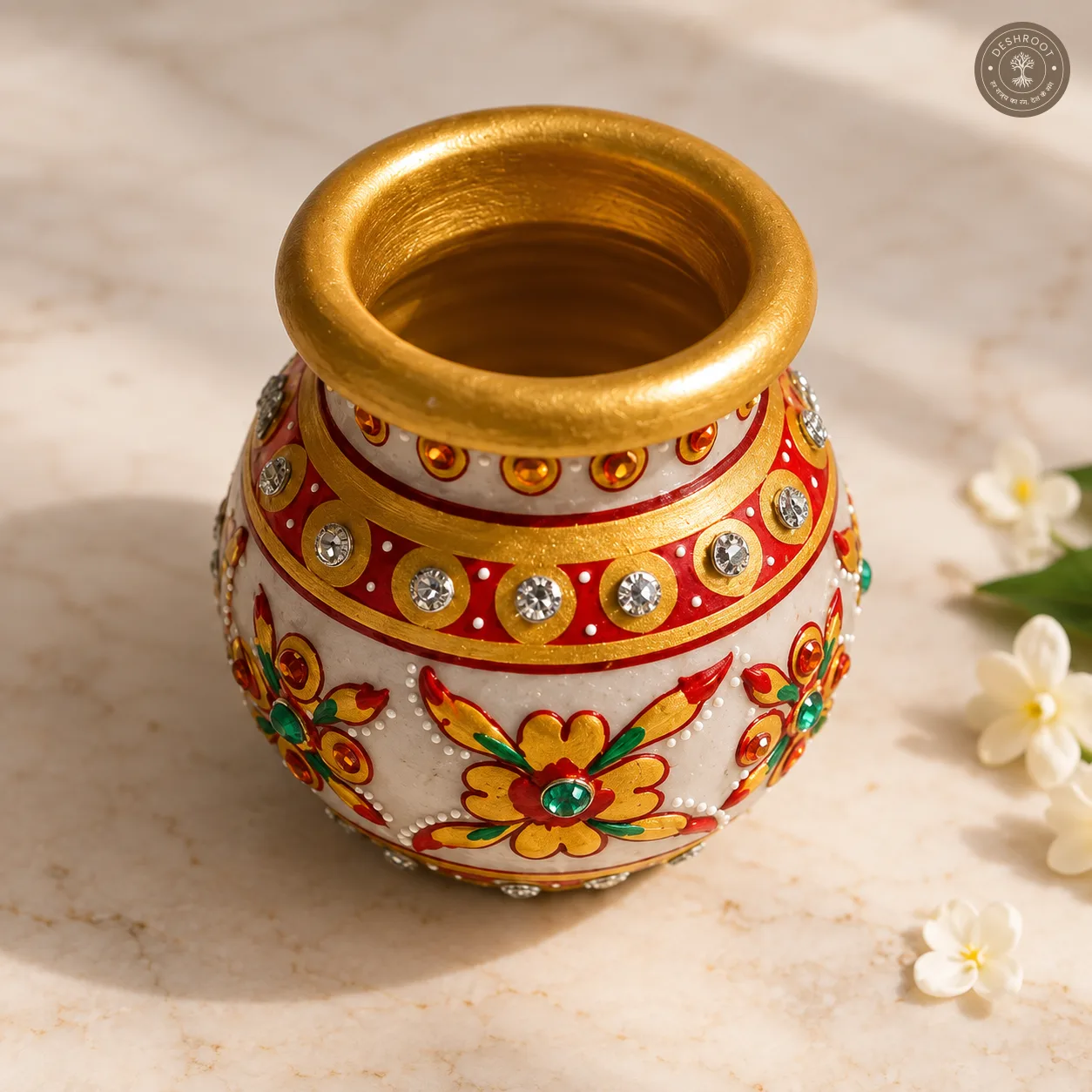 Handcrafted Agra Marble Inlay Saar Marka Marble Pooja Kalash Pot with Hand-Painted Floral Design & Gemstone Work