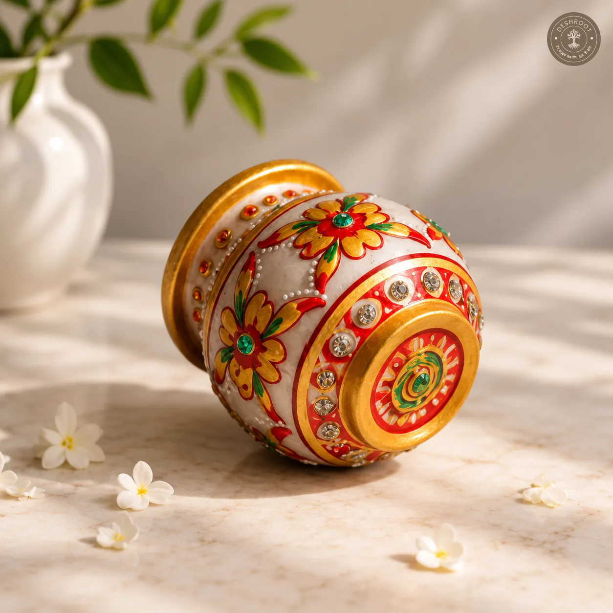 Handcrafted Agra Marble Inlay Saar Marka Marble Pooja Kalash Pot with Hand-Painted Floral Design & Gemstone Work