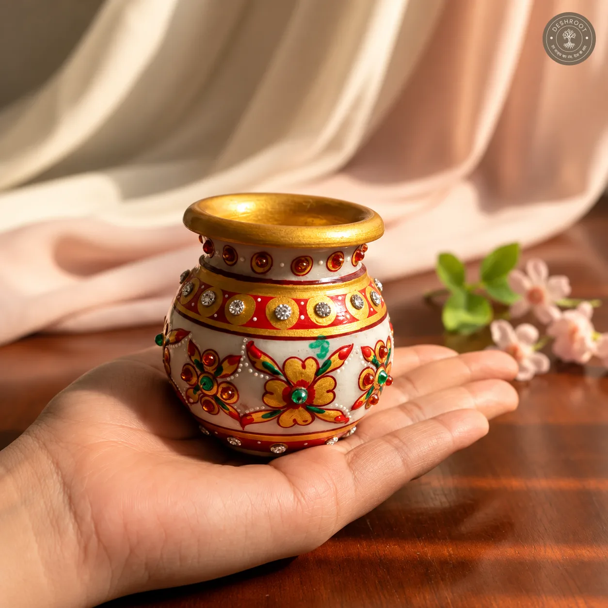 Handcrafted Agra Marble Inlay Saar Marka Marble Pooja Kalash Pot with Hand-Painted Floral Design & Gemstone Work