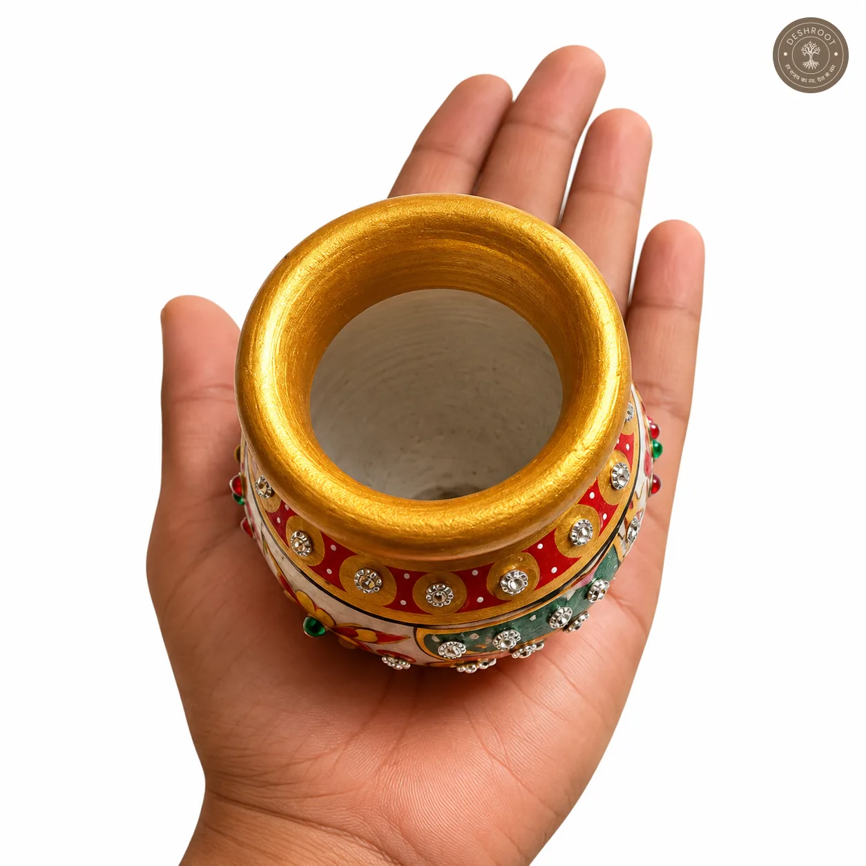 Handcrafted Agra Marble Inlay Saar Marka Marble Pooja Kalash Pot with Hand-Painted Floral Design & Gemstone Work