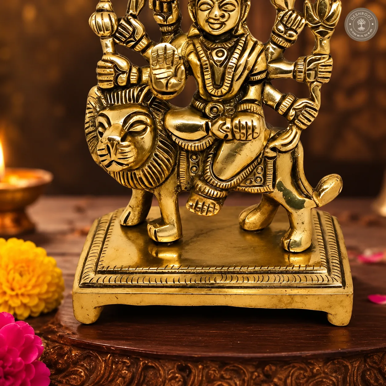 Handcrafted Brass Goddess Durga on Lion Idol – 500 gm Antique Finish Maa Durga Murti with Intricate Detailing for Pooja Room, Navratri, Home Temple & Décor