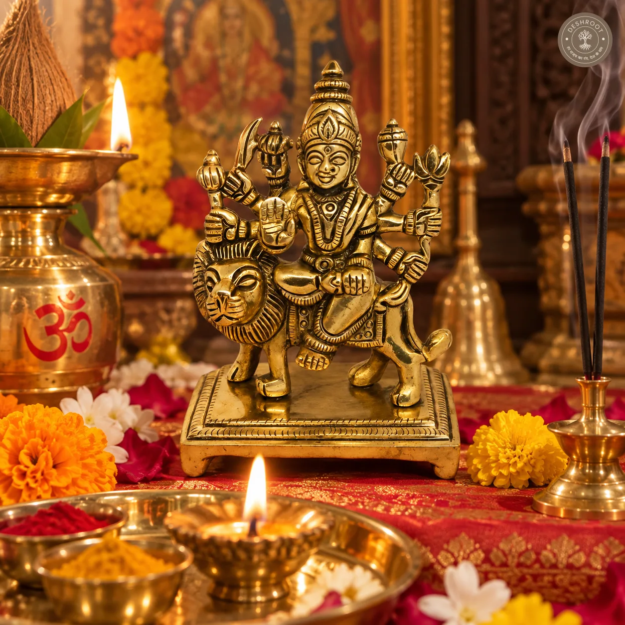 Handcrafted Brass Goddess Durga on Lion Idol – 500 gm Antique Finish Maa Durga Murti with Intricate Detailing for Pooja Room, Navratri, Home Temple & Décor