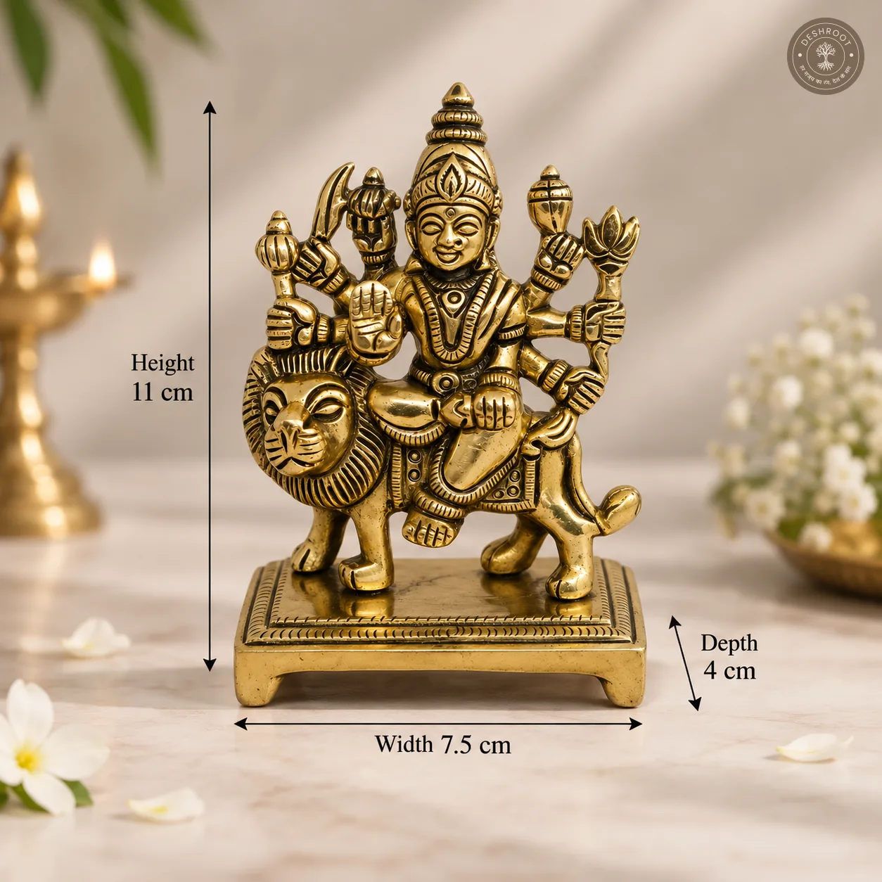 Handcrafted Brass Goddess Durga on Lion Idol – 500 gm Antique Finish Maa Durga Murti with Intricate Detailing for Pooja Room, Navratri, Home Temple & Décor