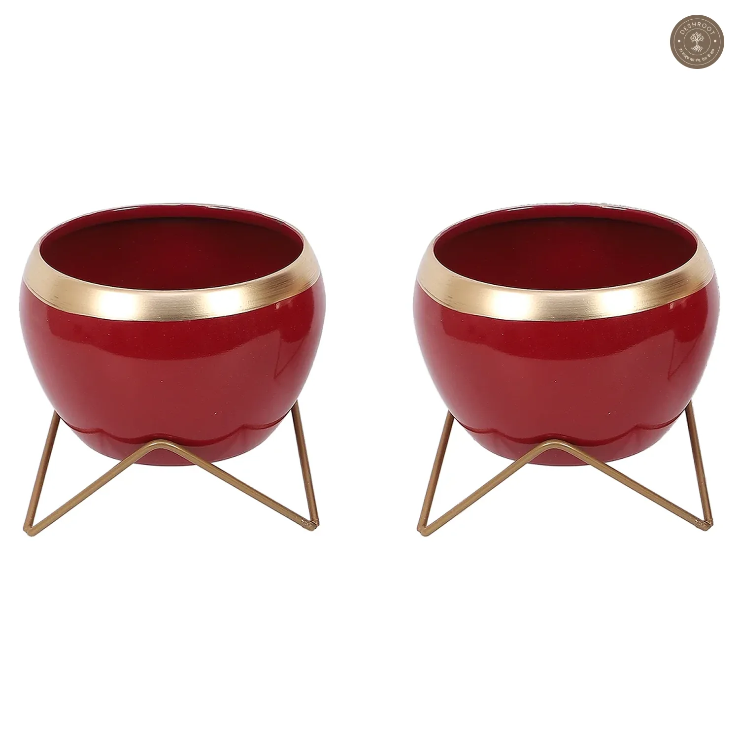 Apple Shape Metal Red & Gold Planter Set of 2