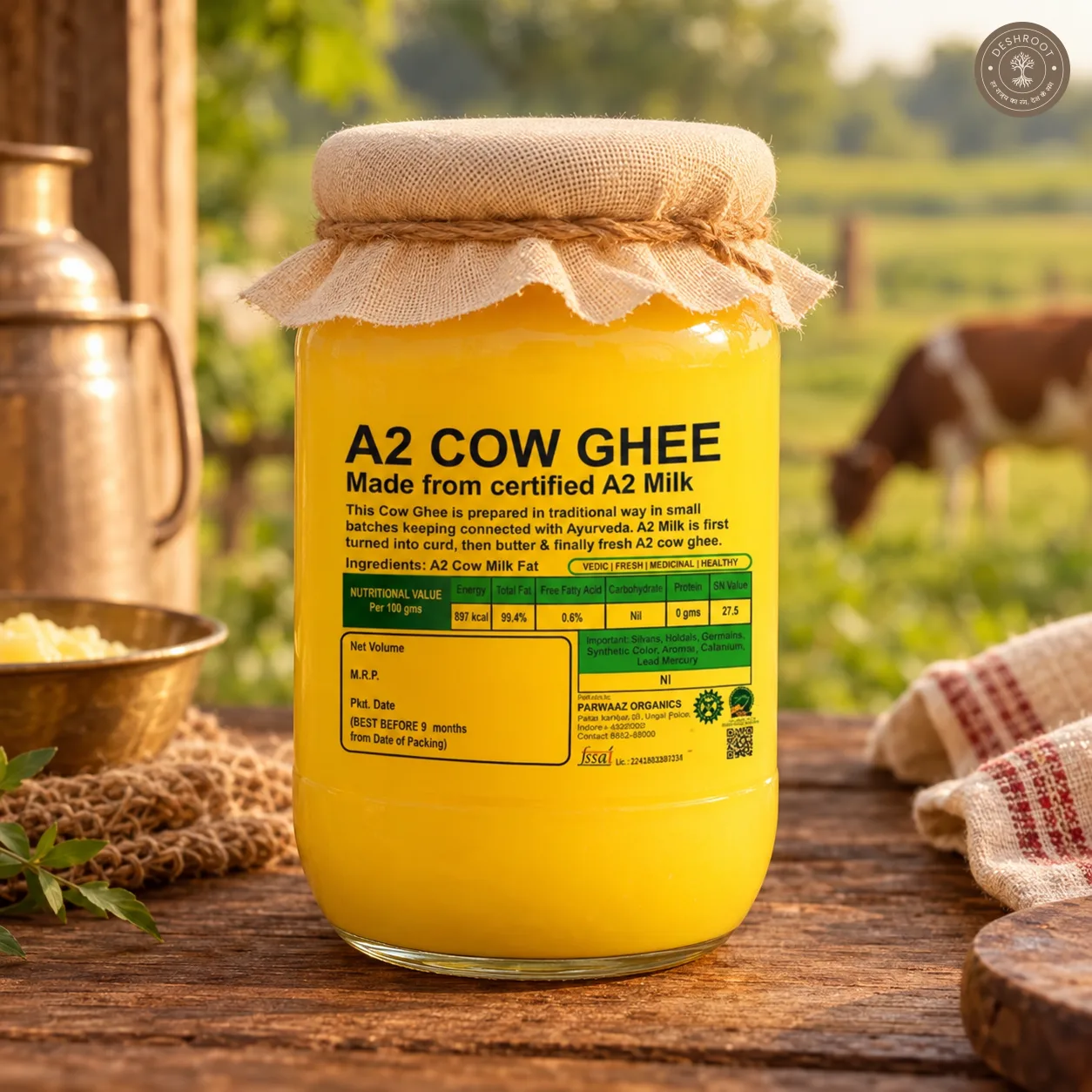 A2 Bilona Ghee 500 gm – Traditional Hand-Churned Desi Cow Ghee Made from A2 Milk, Slow-Cooked Over Wood Fire for Authentic Taste & Rich Aroma