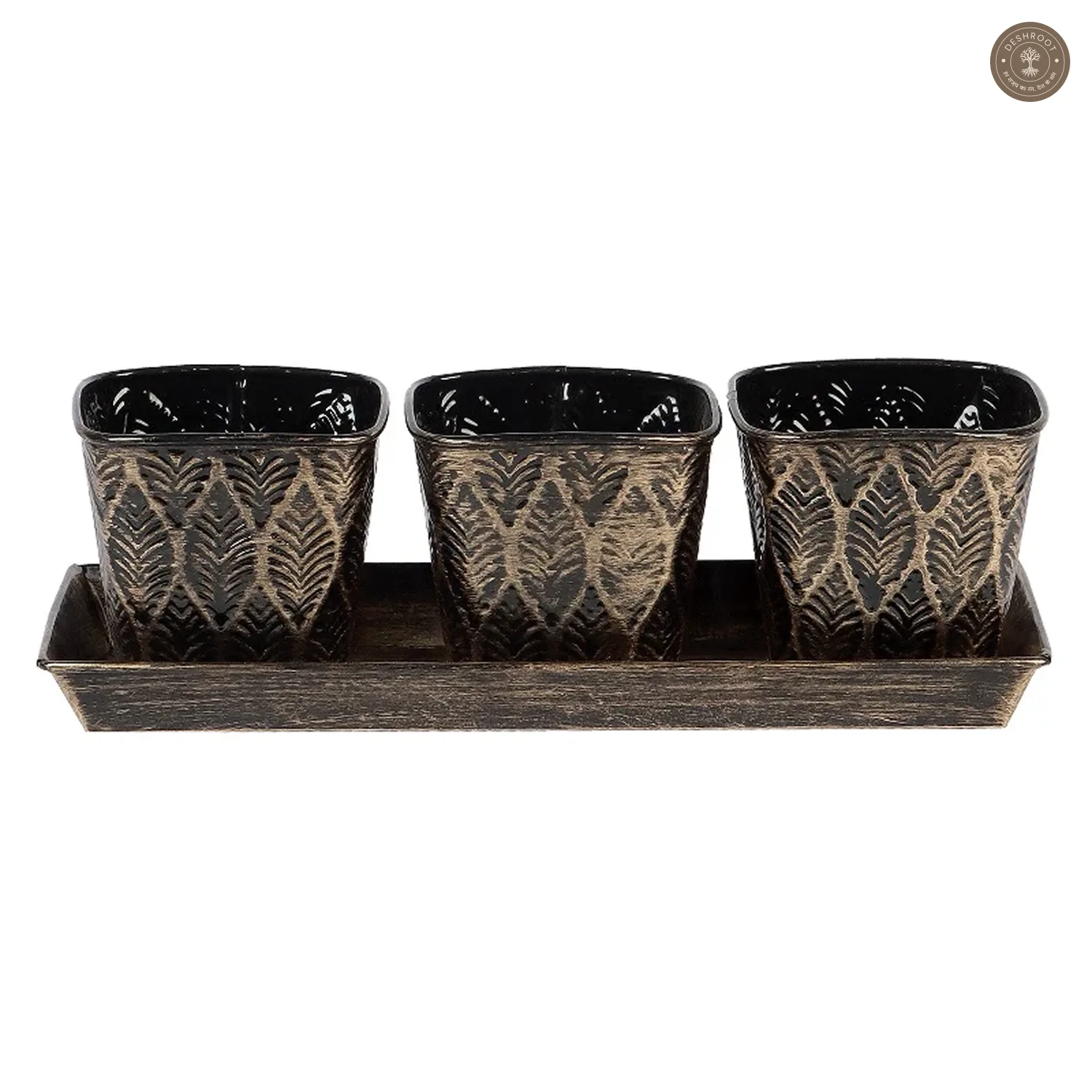 Black & Gold Metal Table Planters with Tray Set of 4