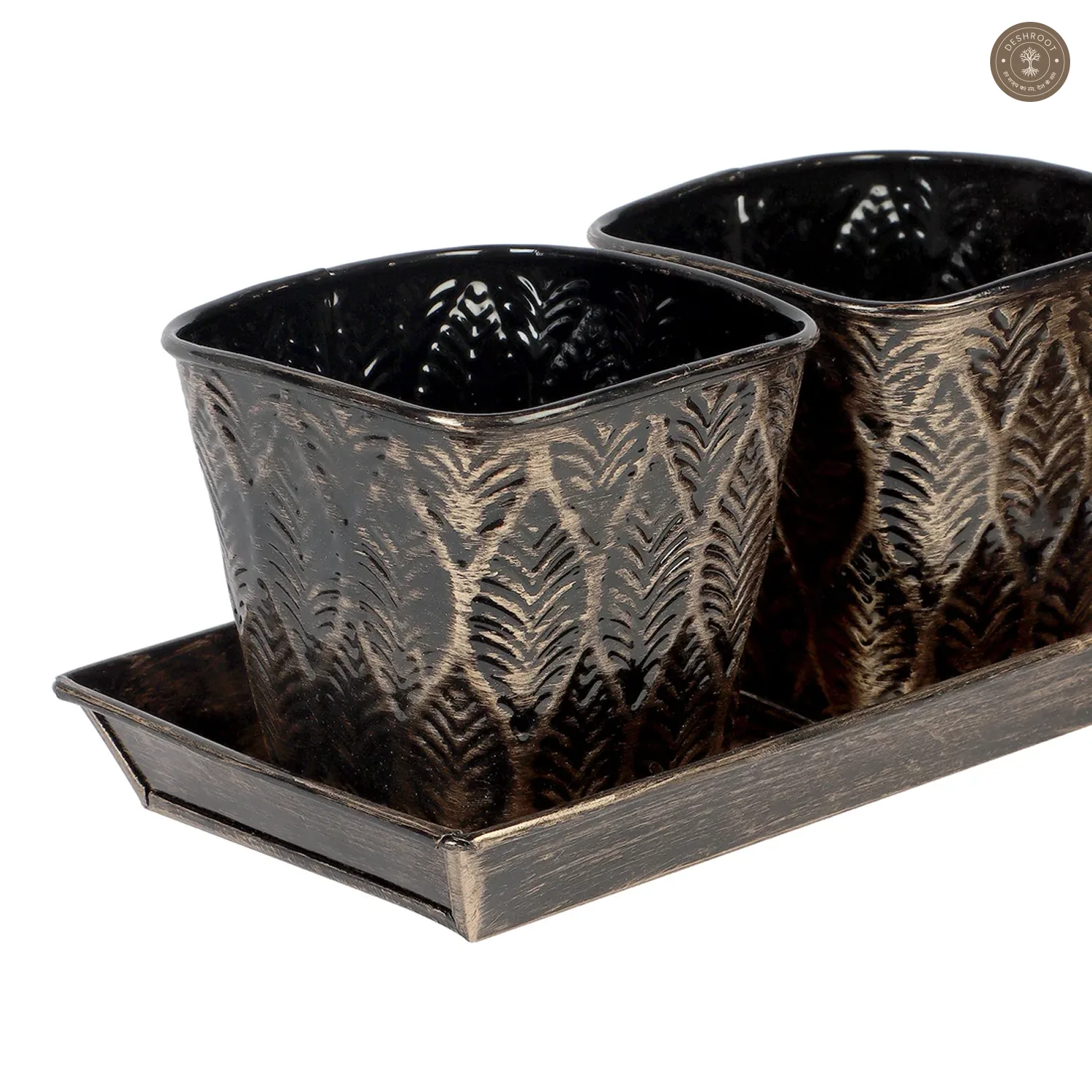 Black & Gold Metal Table Planters with Tray Set of 4