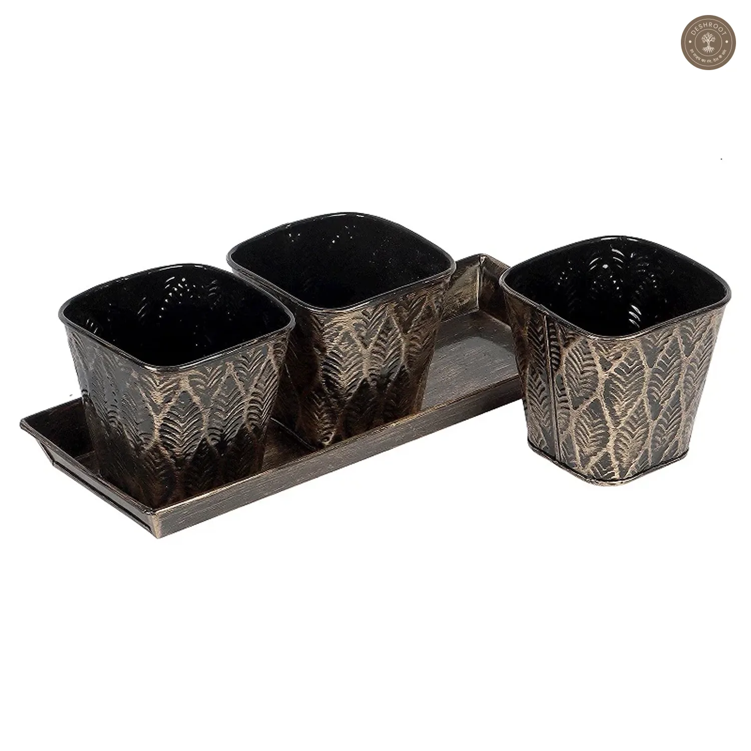 Black & Gold Metal Table Planters with Tray Set of 4