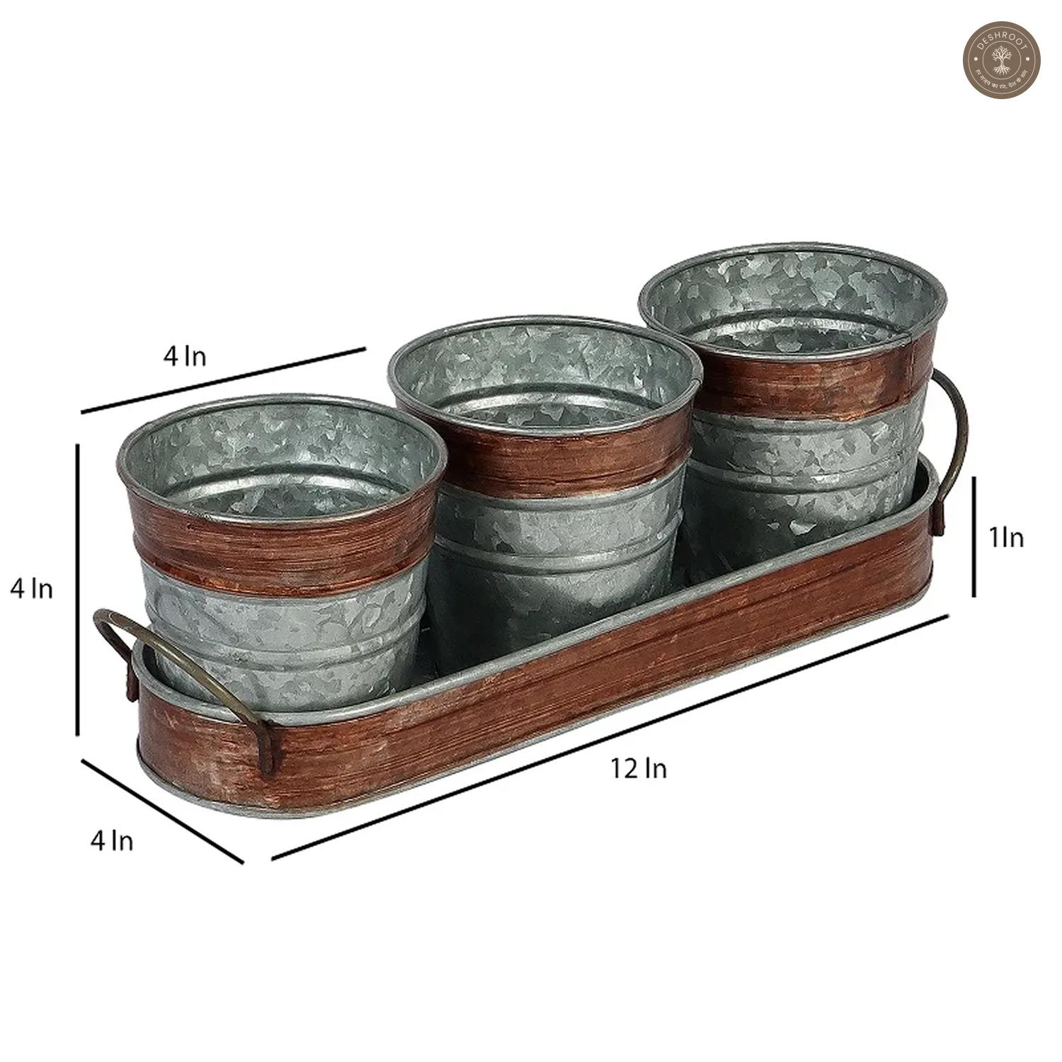 Brown & Silver Metal Table Planters with Tray Set of 4