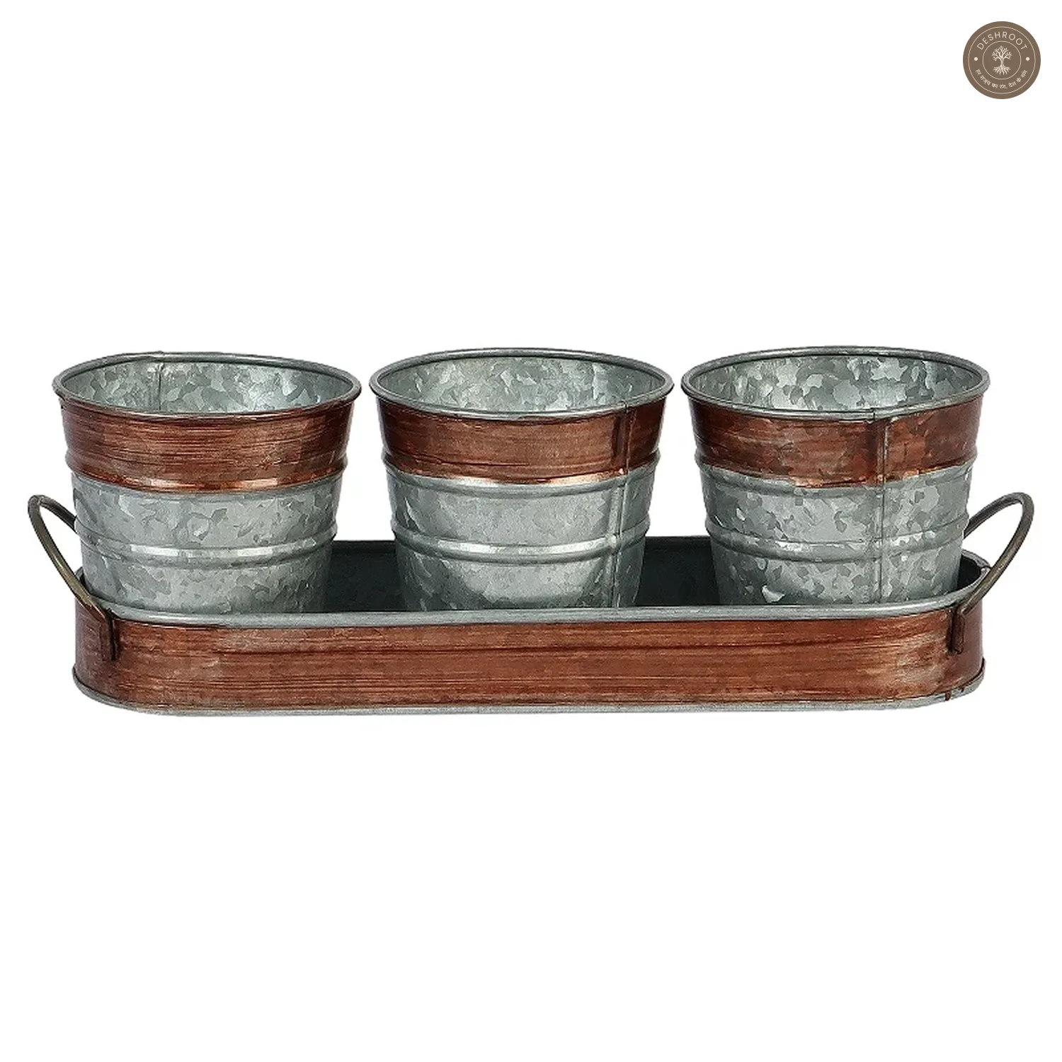 Brown & Silver Metal Table Planters with Tray Set of 4