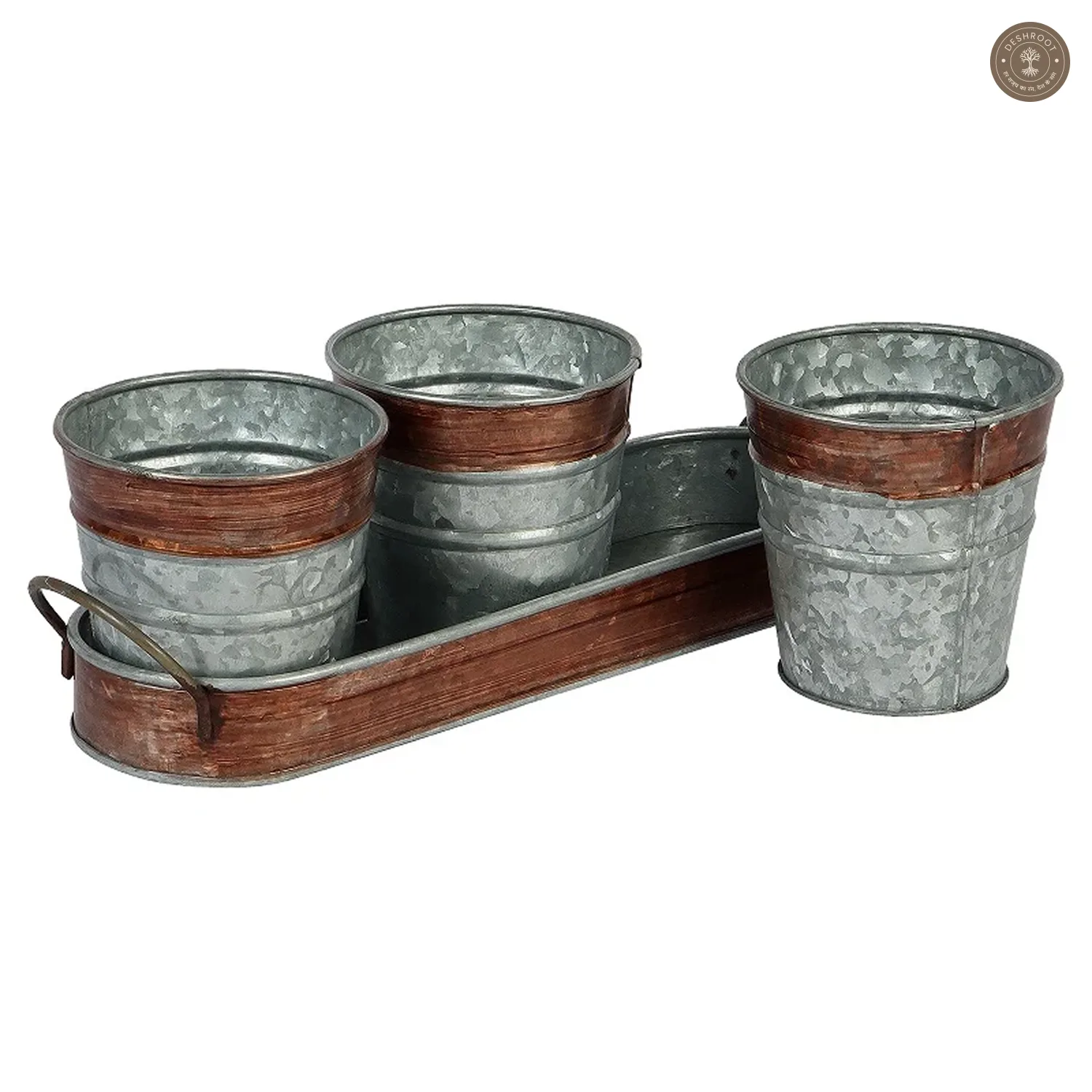 Brown & Silver Metal Table Planters with Tray Set of 4