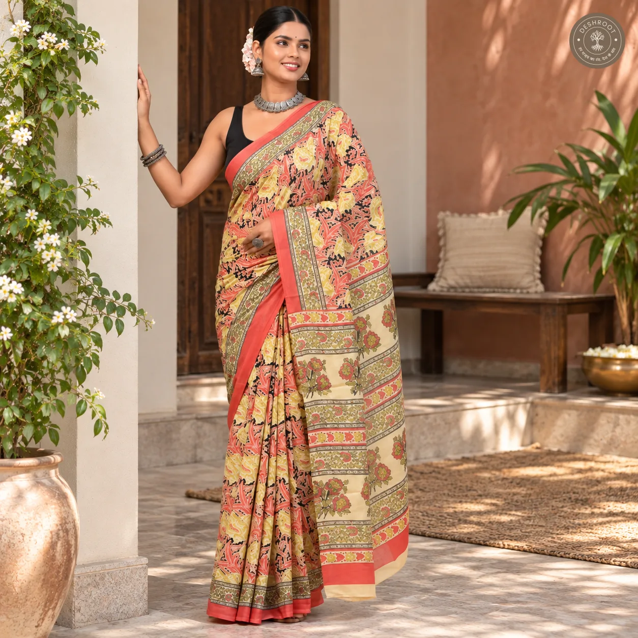 Gulnaar Coral Floral Hand Block Printed Mal Cotton Saree