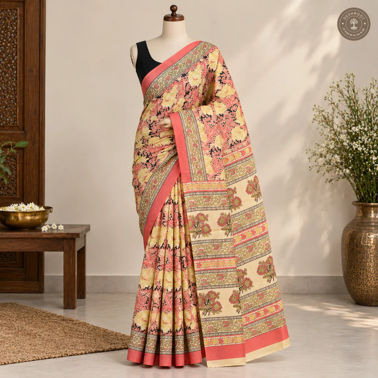Gulnaar Coral Floral Hand Block Printed Mal Cotton Saree