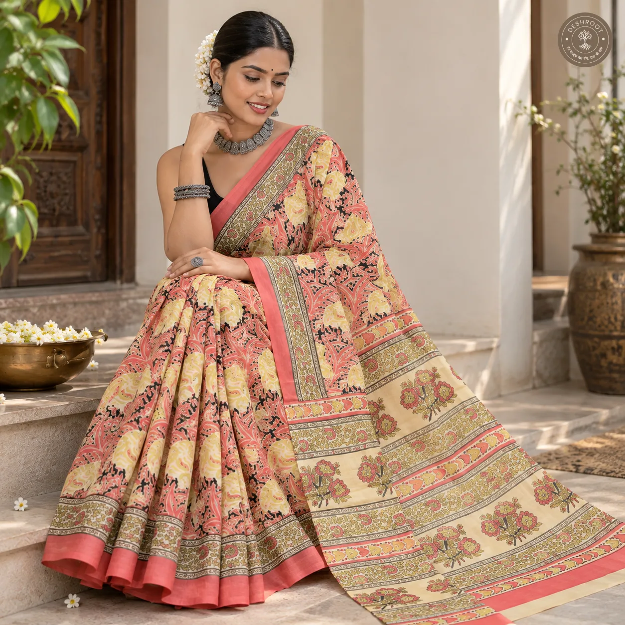 Gulnaar Coral Floral Hand Block Printed Mal Cotton Saree