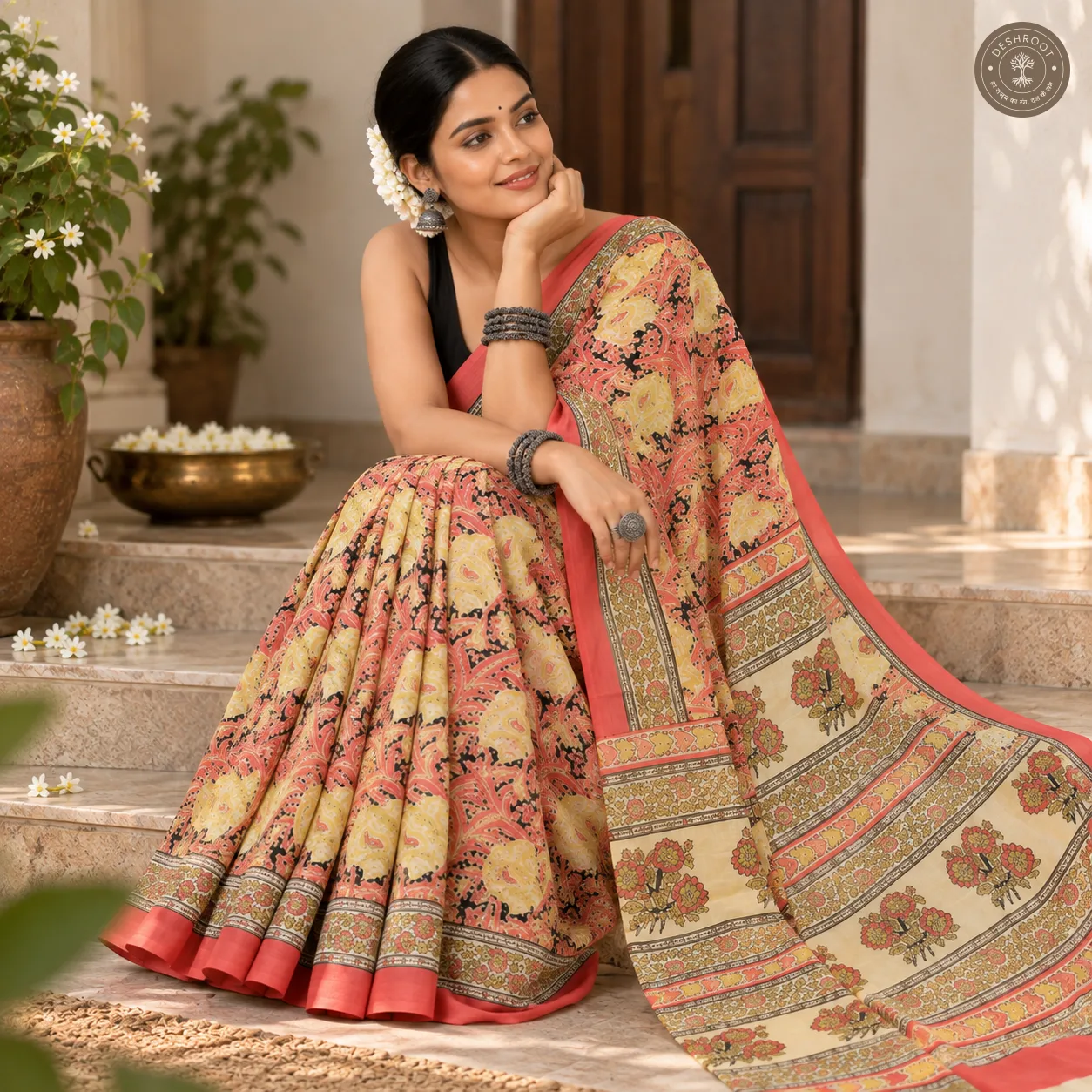Gulnaar Coral Floral Hand Block Printed Mal Cotton Saree