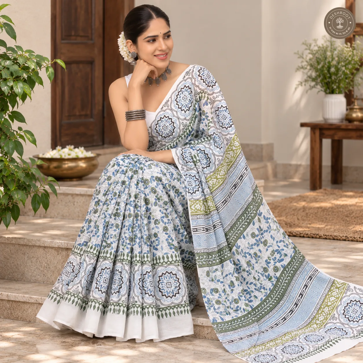 Neelvan Ivory Floral Hand Block Printed Mal Cotton Saree