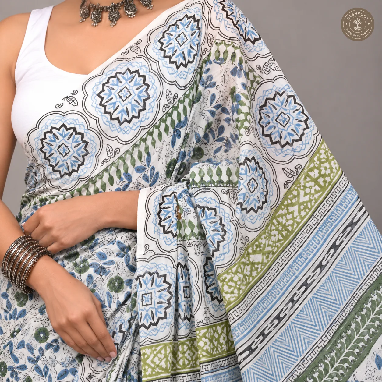 Neelvan Ivory Floral Hand Block Printed Mal Cotton Saree