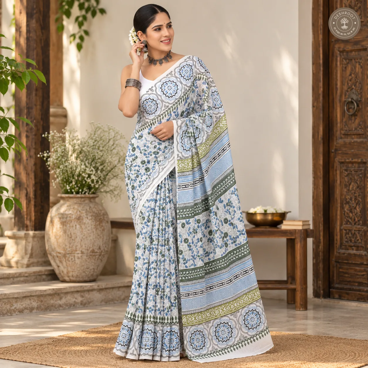 Neelvan Ivory Floral Hand Block Printed Mal Cotton Saree