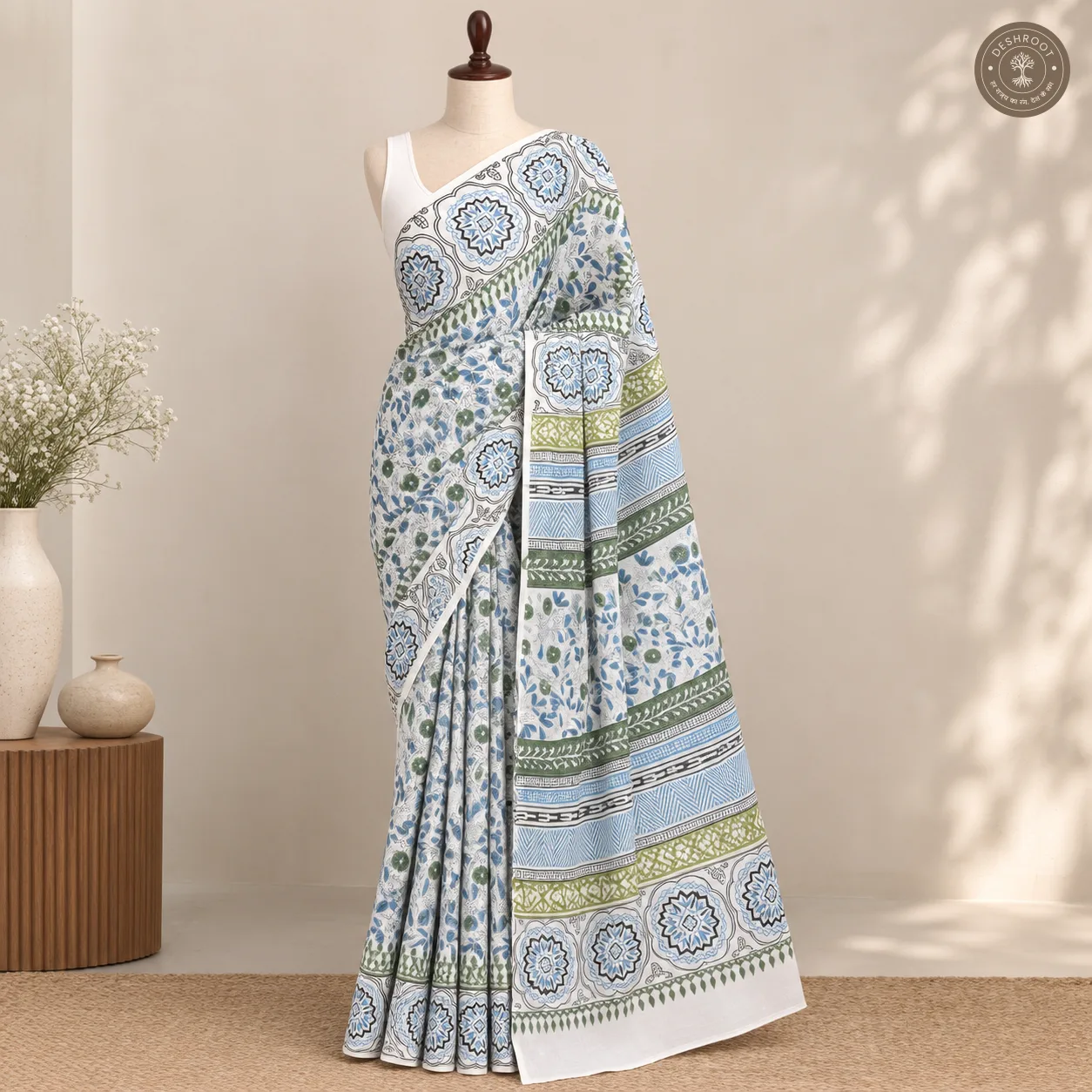 Neelvan Ivory Floral Hand Block Printed Mal Cotton Saree