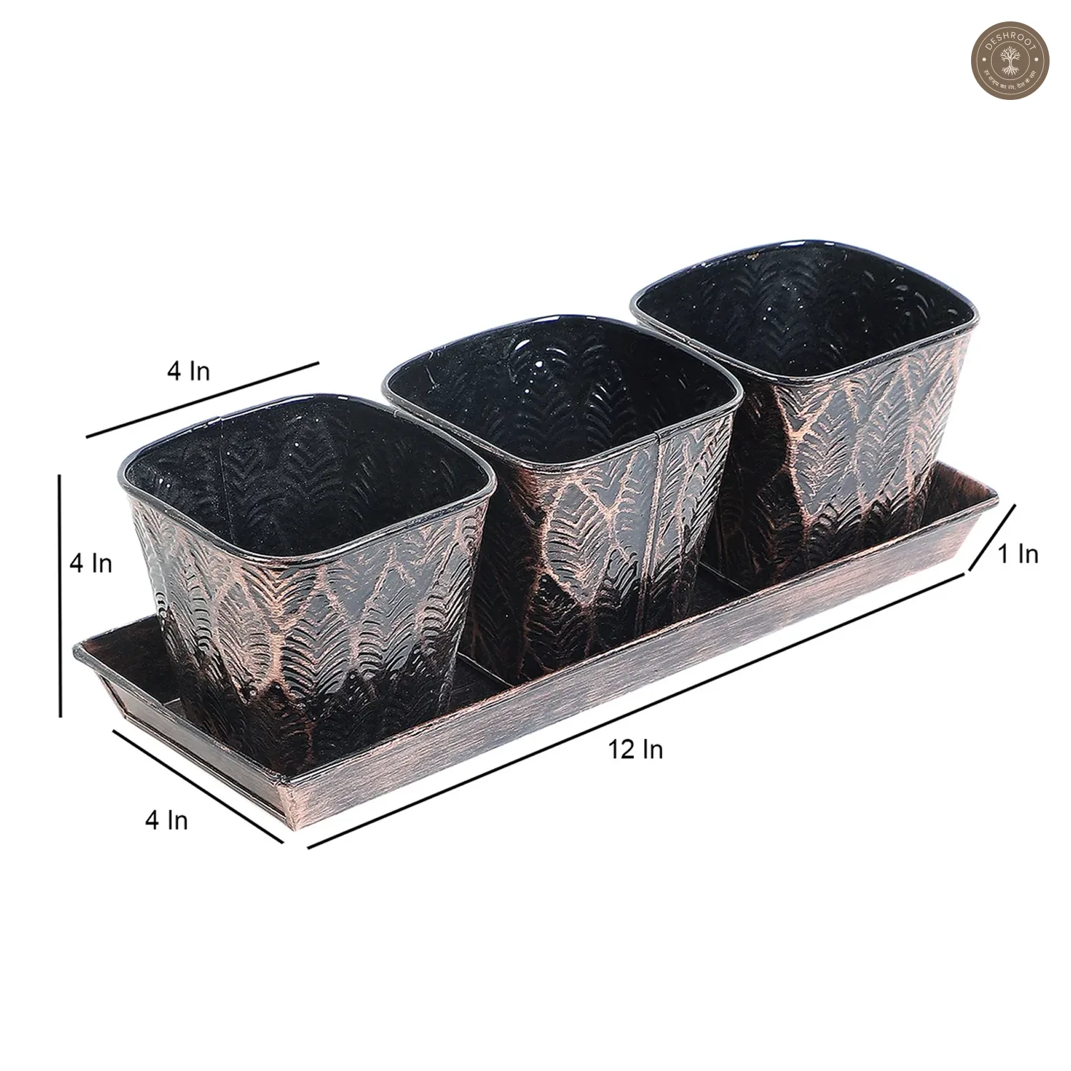 Copper & Black Metal Table Planters with Tray Set of 4
