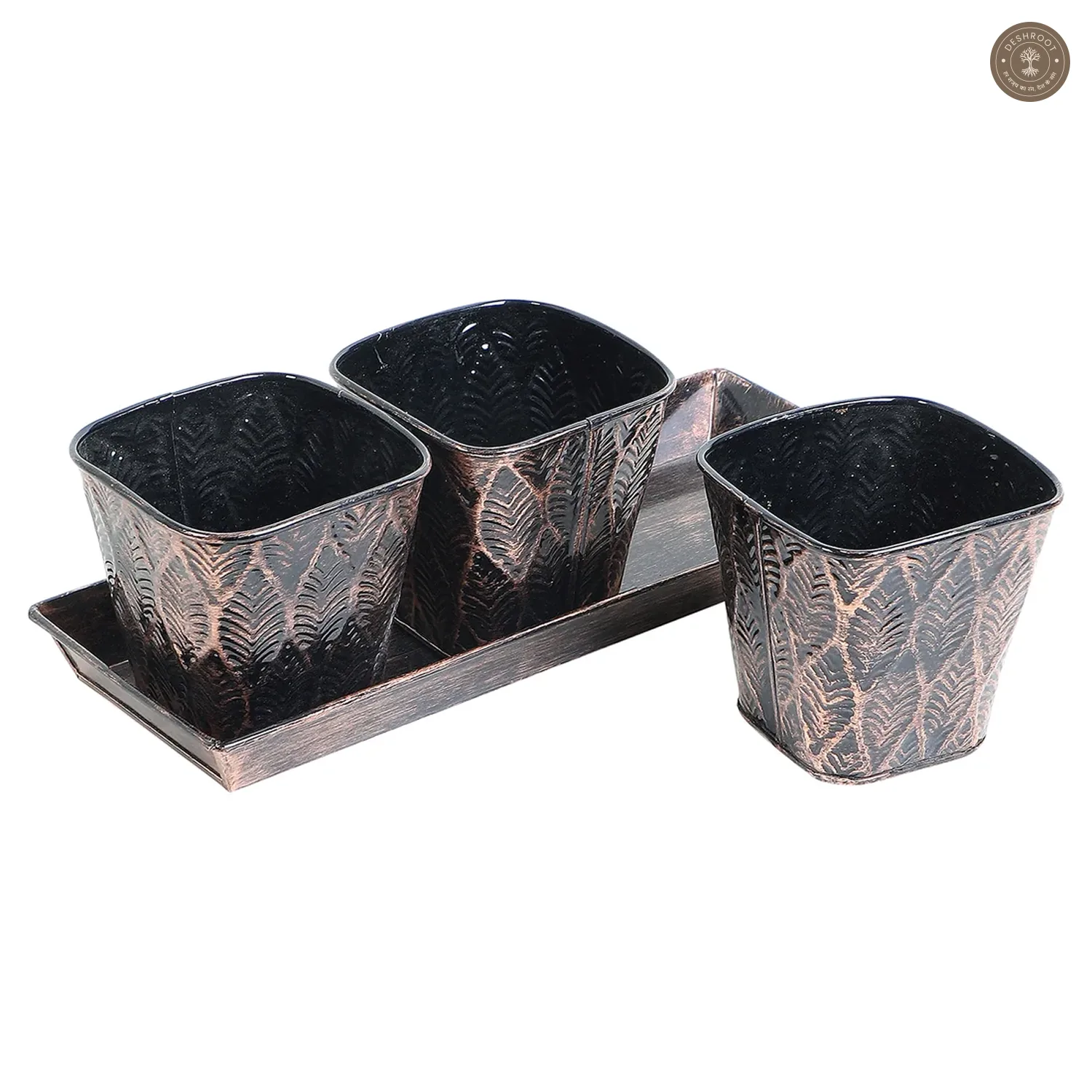Copper & Black Metal Table Planters with Tray Set of 4
